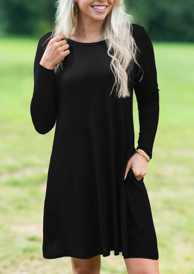 

Solid Pocket Long Sleeve Mini Dress - Black, 460475