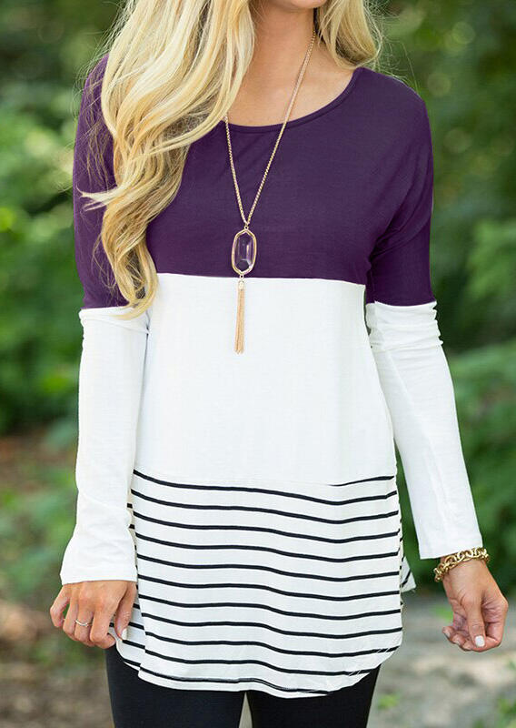 

Striped Lace Splicing Long Sleeve Blouse without Necklace - Purple, 460510