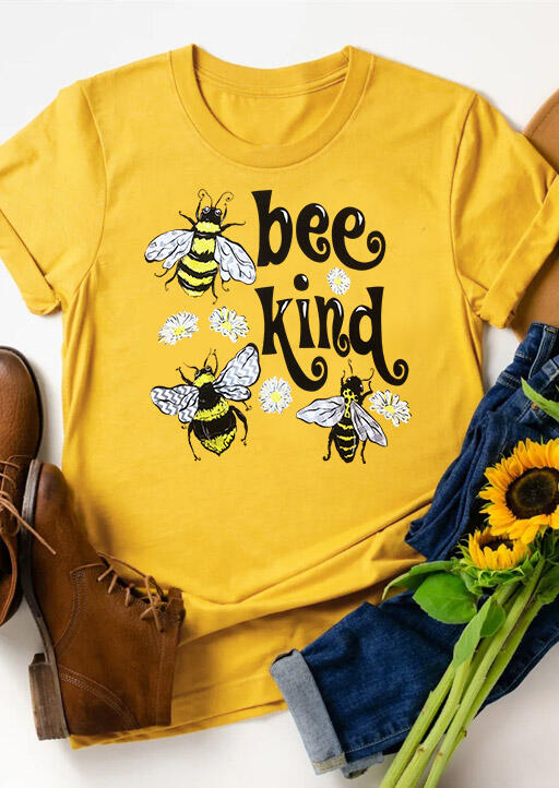 

Tees T-shirts Bee Kind Floral O-Neck T-Shirt Tee - Yellow. Size: S,M