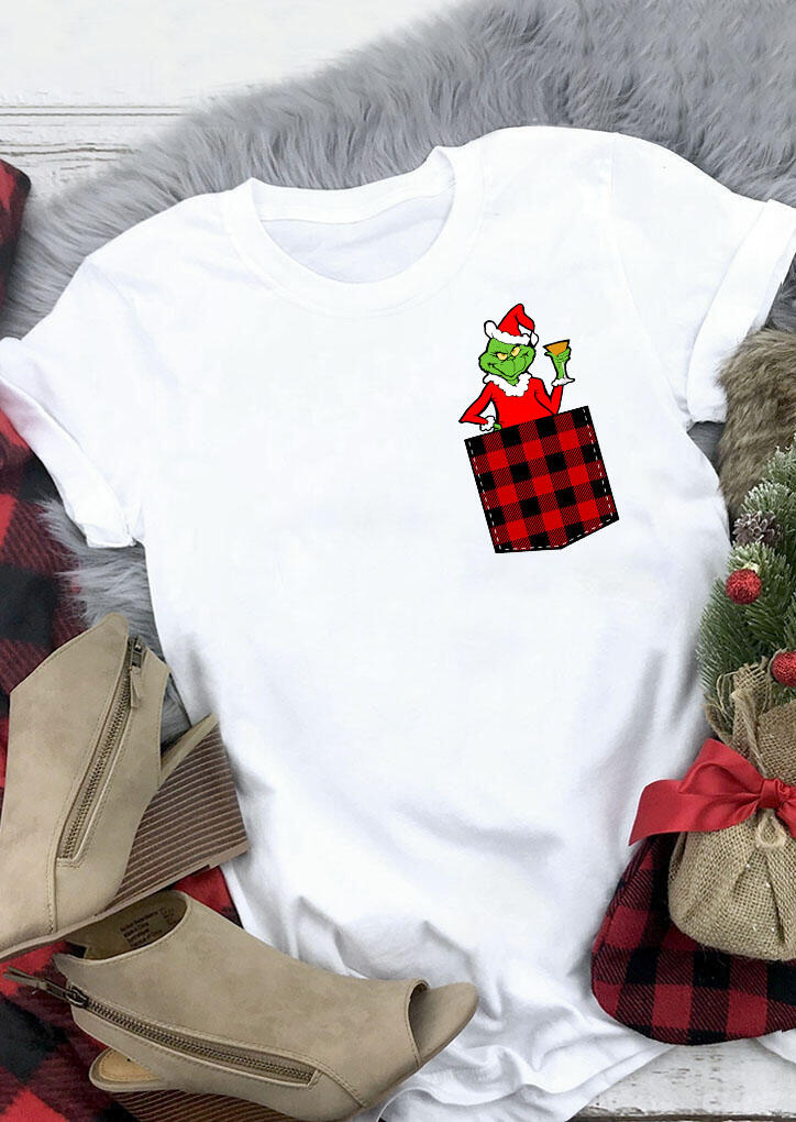 

Tees T-shirts Christmas Grinch Plaid Splicing T-Shirt Tee - White. Size
