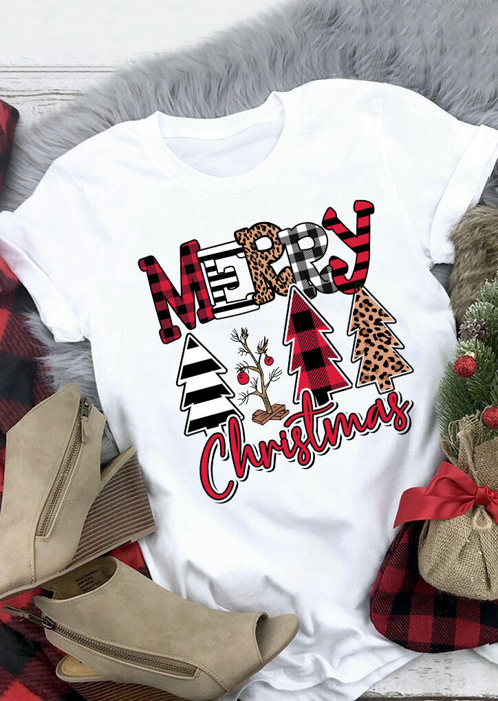 

Tees T-shirts Merry Christmas Trees Plaid Striped Leopard Printed T-Shirt Tee - White. Size: ,XL