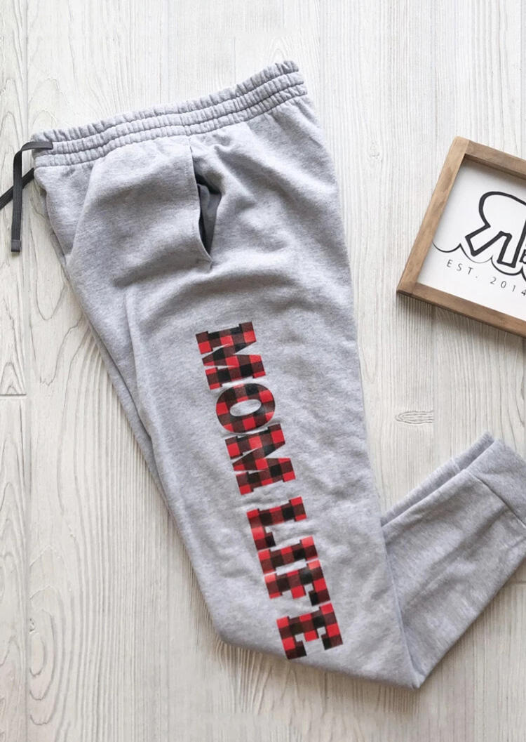 

Pants Mom Life Drawstring Plaid Printed Splicing Pocket Pants in Gray. Size
