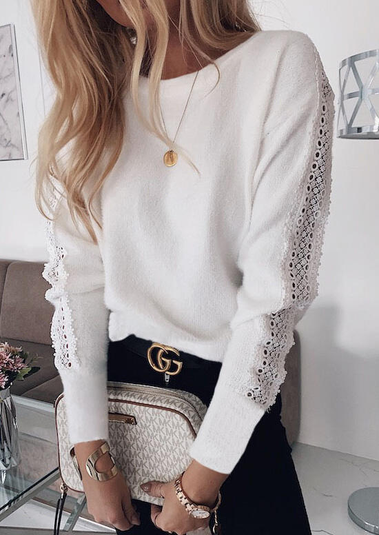 

Lace Splicing Open Back Sweater without Necklace - White, 460539