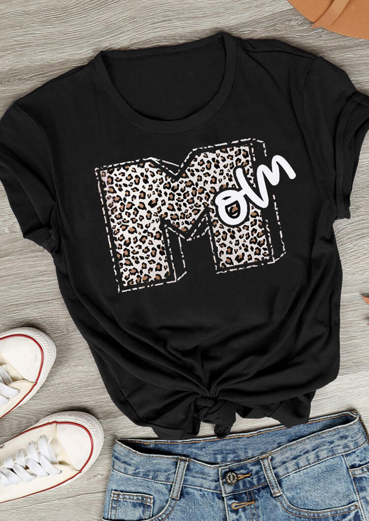 

Tees T-shirts Mom Leopard Printed Splicing T-Shirt Tee - Black. Size