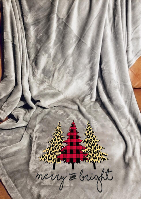 

Plaid Leopard Printed Christmas Tree Merry and Bright Blanket, Gray, 460563