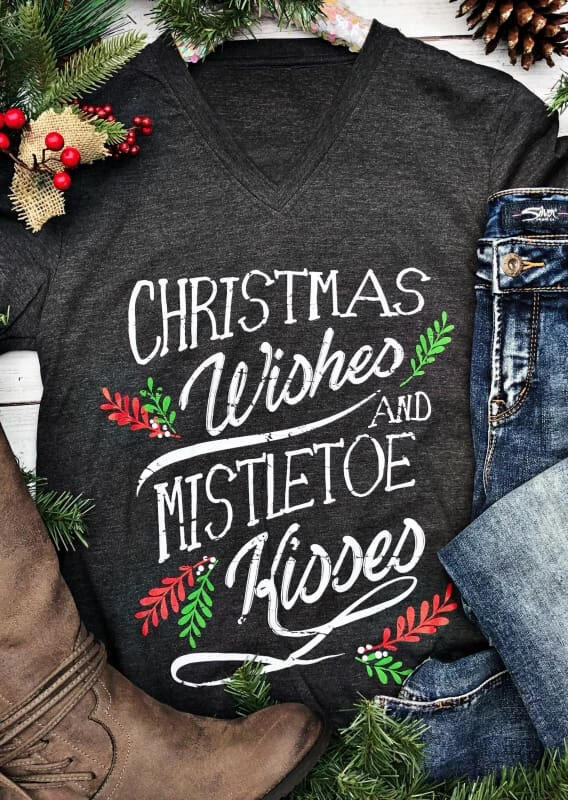 

Christmas Wishes And Mistletoe Kisses T-Shirt Tee - Dark Grey, 460565