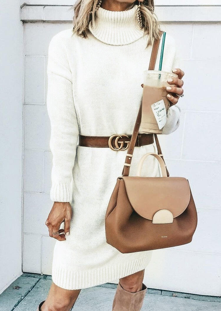 

Solid Knitted Turtleneck Casual Dress without Belt - Beige, 460605