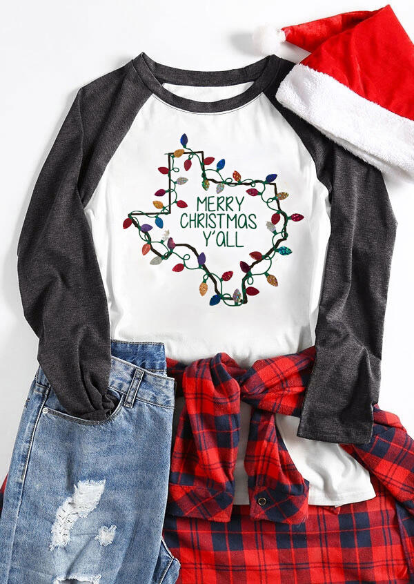 

Map of Texas Christmas Lights Merry Christmas Y'all O-Neck T-Shirt in White. Size