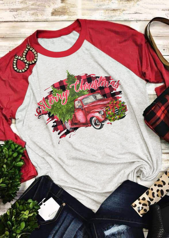 

Tees T-shirts Merry Christmas Plaid Splicing T-Shirt Tee - Light Grey. Size: ,M