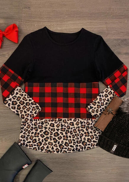 

Plaid Leopard Printed T-Shirt Tee - Black, 459923