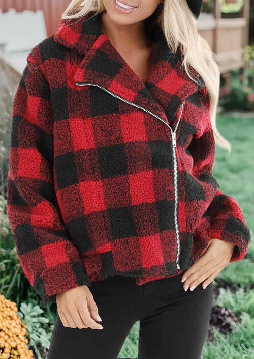 

Plaid Plush Zipper Long Sleeve Coat - Red, 460574