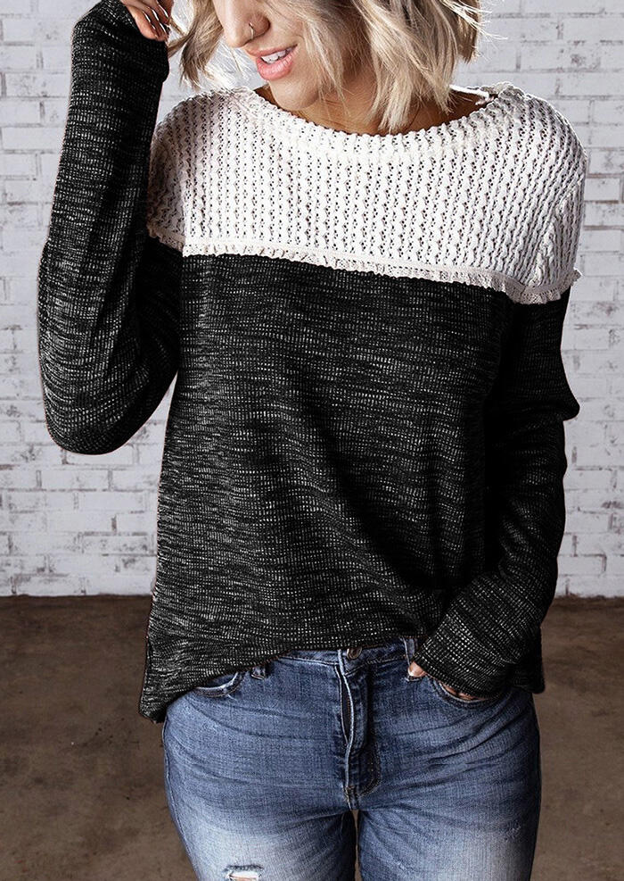 

Color Block Knitted Splicing Blouse - Black, 460584