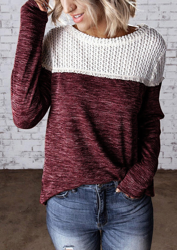 

Blouses Color Block Knitted Splicing Blouse - Burgundy. Size
