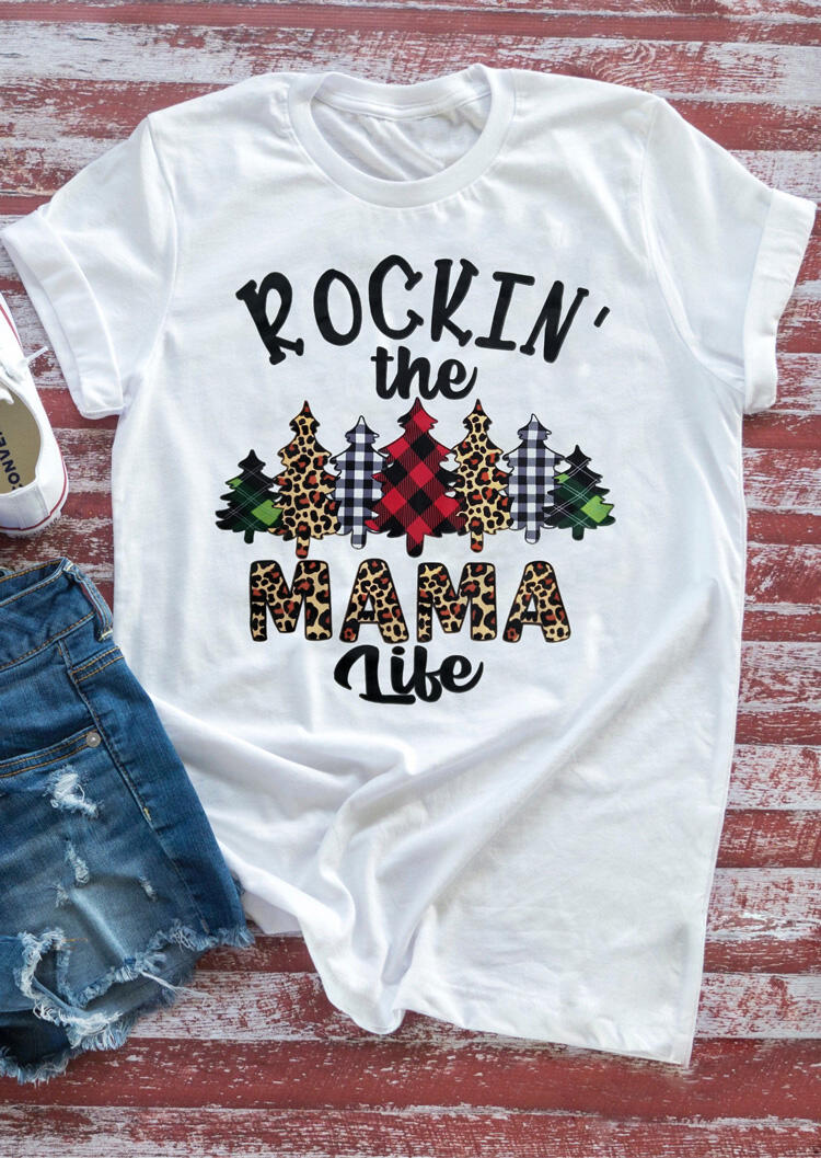 

Rockin' The Mama Life Christmas Trees Plaid Leopard Printed T-Shirt, White