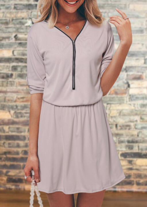 

Solid Splicing Zipper Tab-Sleeve Mini Dress without Necklace - Gray, 460061