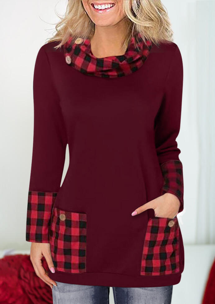 

Plaid Splicing Pocket Cowl Neck Blouse - Burgundy, 460134
