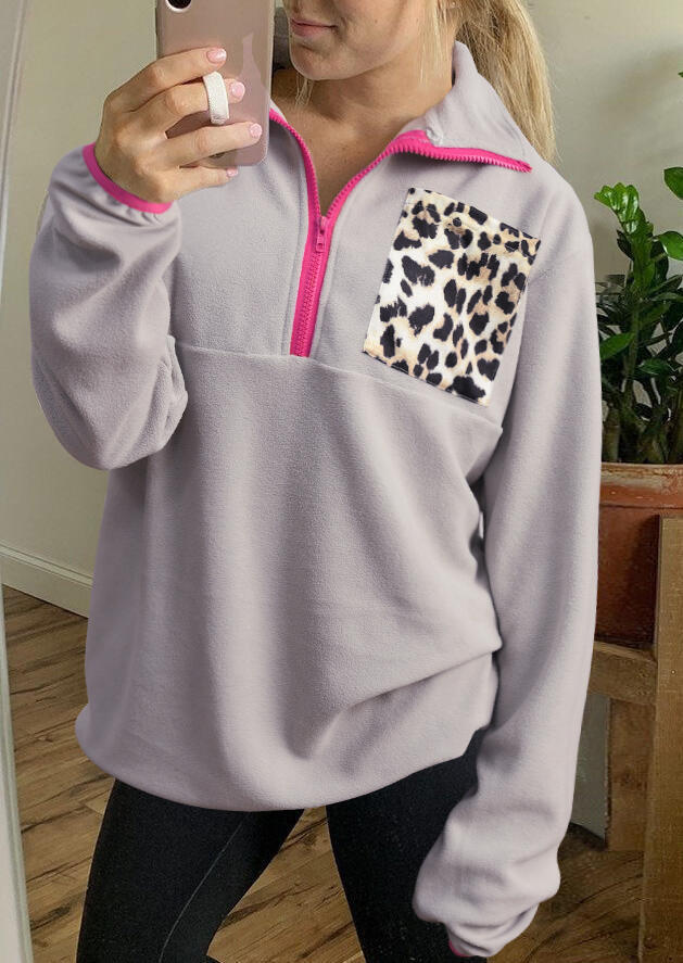 

Leopard Printed Splicing Pocket Zipper Sweatshirt - Light Grey, 460460