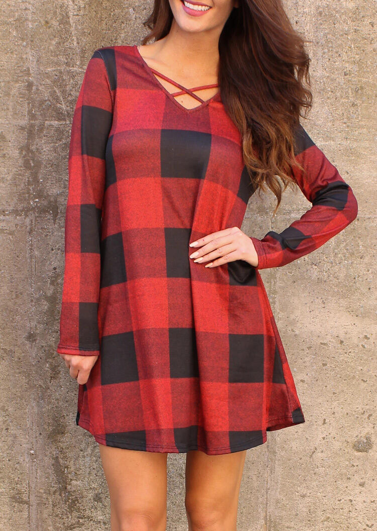 

Plaid Printed Criss-Cross Mini Dress, 460702