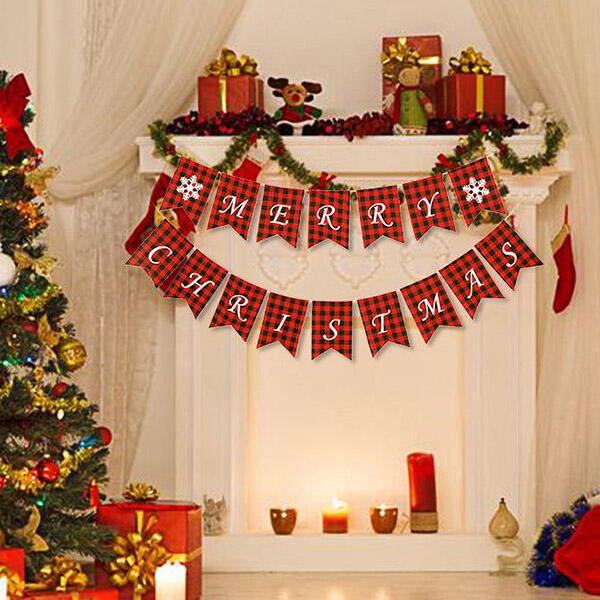 

Plaid Snowflake Merry Christmas Cloth Banner Flag, Red, 460705