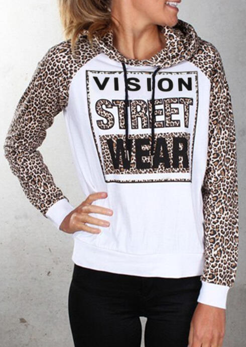 

Hoodies & Sweatshirts Vision Street Wear Leopard Printed Splicing Drawstring Hoodie - White. Size: S,M,,XL