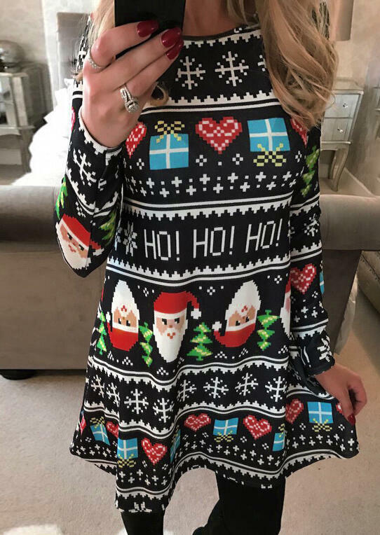 

Christmas Tree Snowflake Santa Claus Mini Dress - Black, 456197