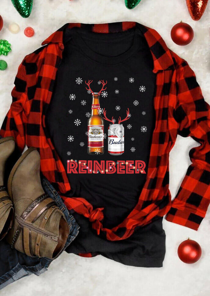 

Christmas Budweiser Reinbeer Snowflake O-Neck T-Shirt, Black