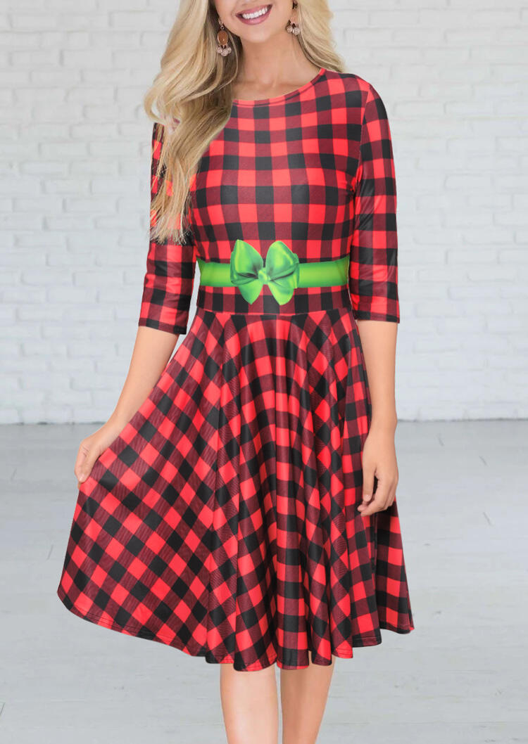 

Red Plaid Bowknot Printed Casual Midi Christmas Dress