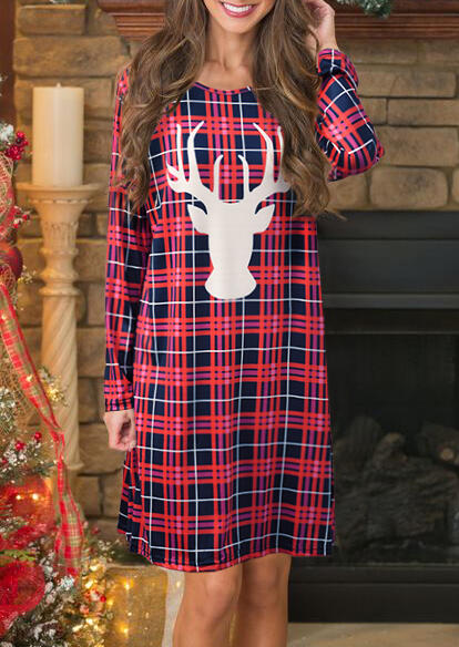 

Mini Dresses Reindeer Plaid Printed Mini Dress. Size