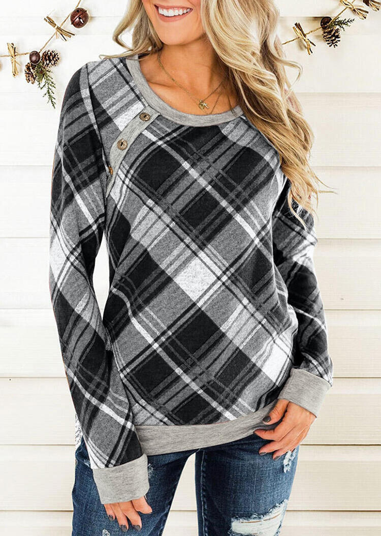 Plaid Splicing Button Blouse without Necklace – Gray