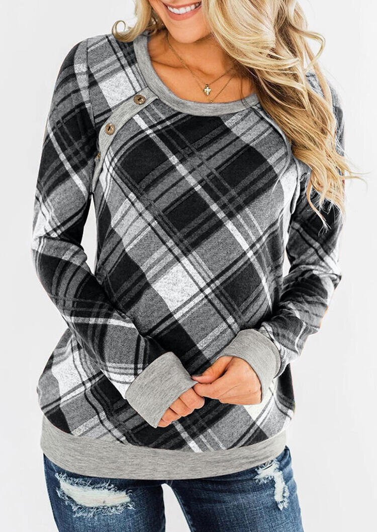 Plaid Splicing Button Blouse without Necklace - Gray