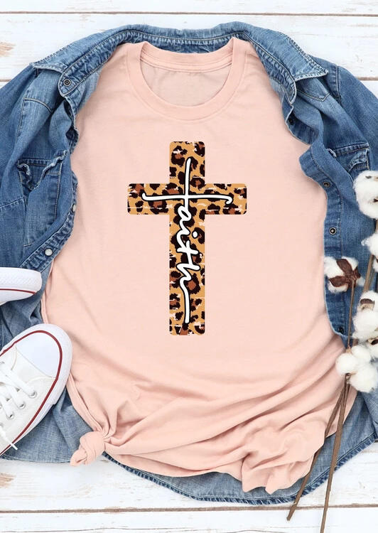 

Faith Cross Christ Leopard Printed Splicing T-Shirt Tee - Light Pink, Lightpink, 460752