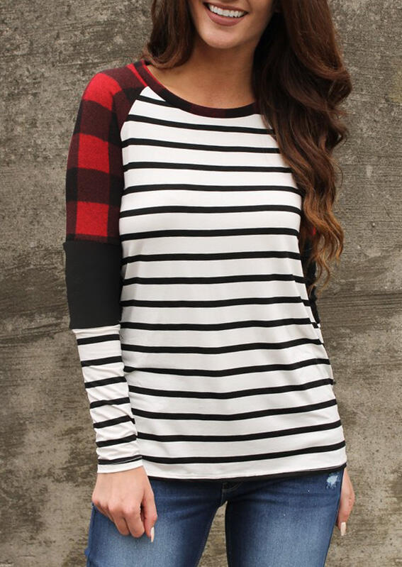 

Blouses Plaid Striped Printed Splicing Blouse. Size, Stripe