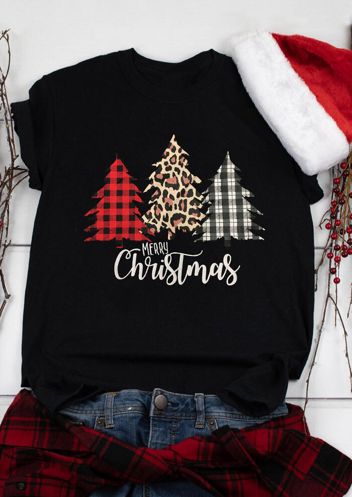 

T-shirts Tees Merry Christmas Plaid Leopard Printed Tree T-Shirt Tee in Black. Size: ,M
