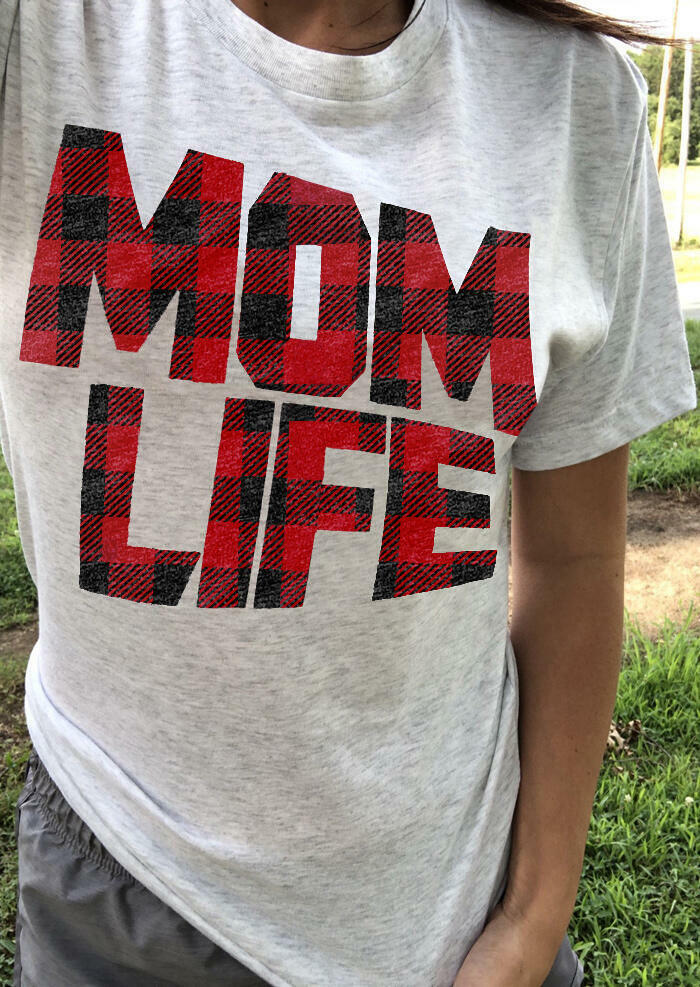 

Mom Life Plaid Splicing T-Shirt Tee - Light Grey, 459302