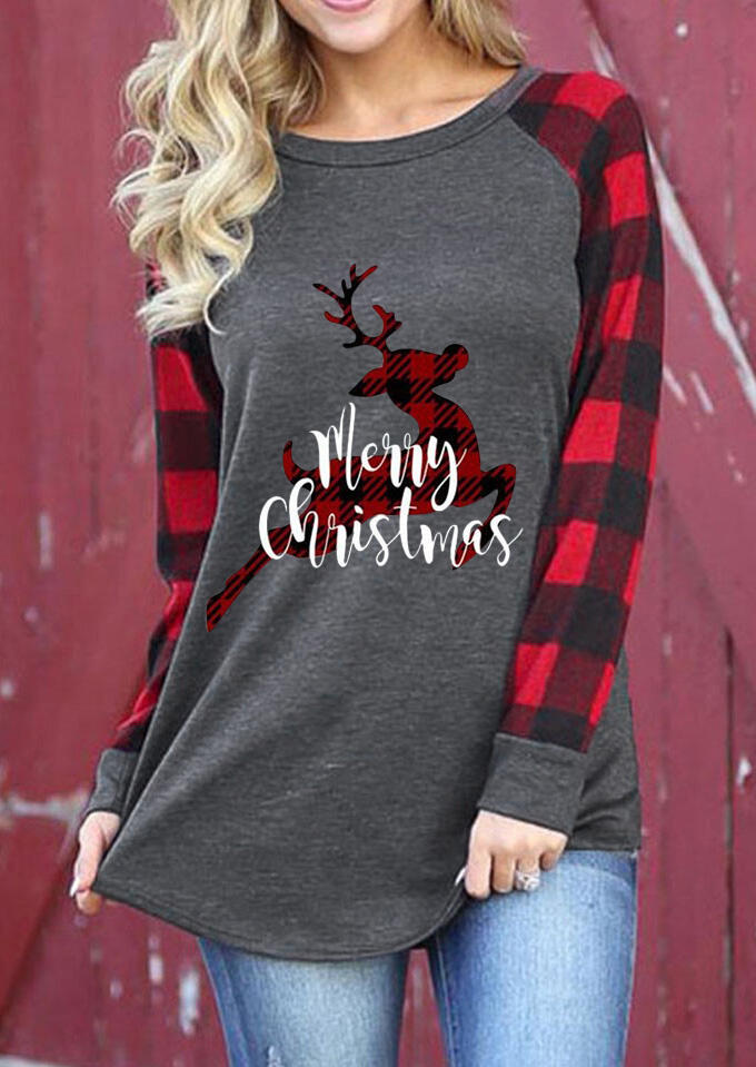

Plaid Splicing Reindeer Merry Christmas T-Shirt Tee - Gray, 460757