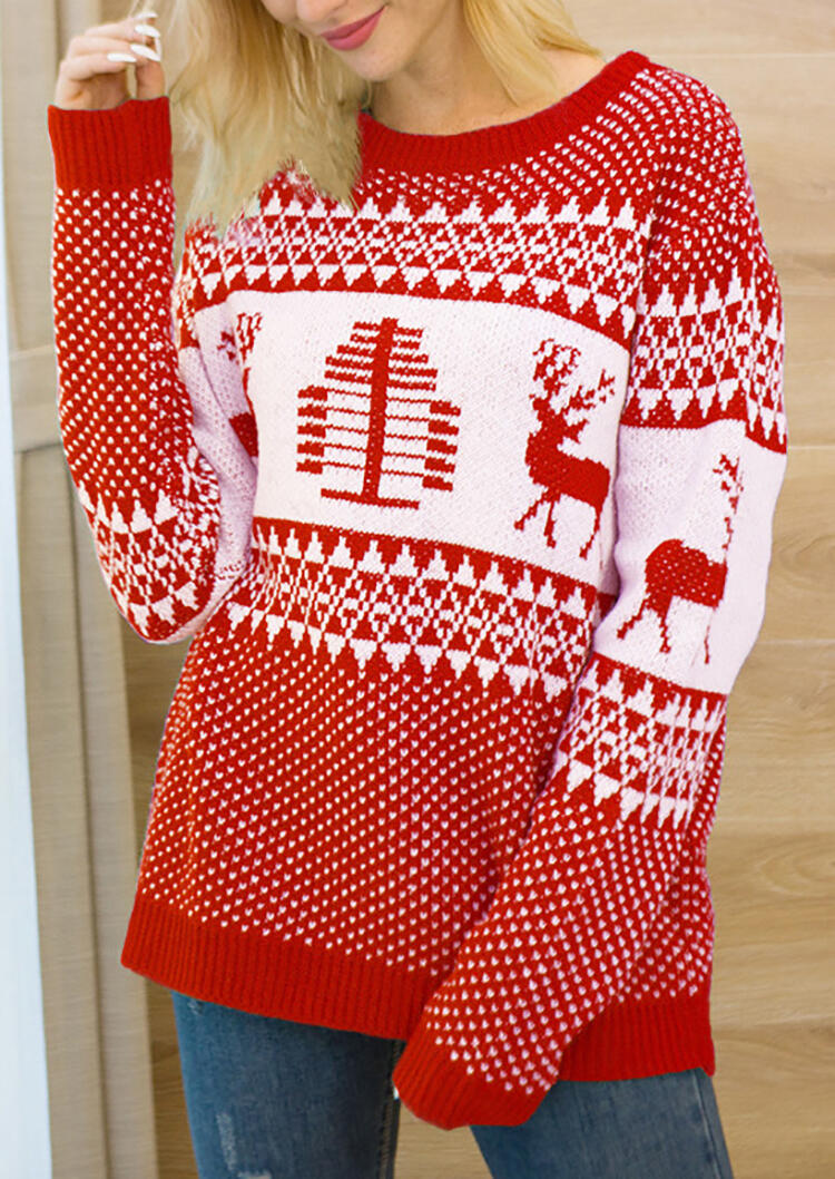 

Reindeer Geometric Printed Sweater - Red, 459883