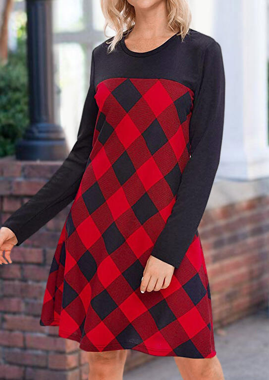 

Casual Dresses Plaid Printed Splicing Casual Dress. Size: S,M