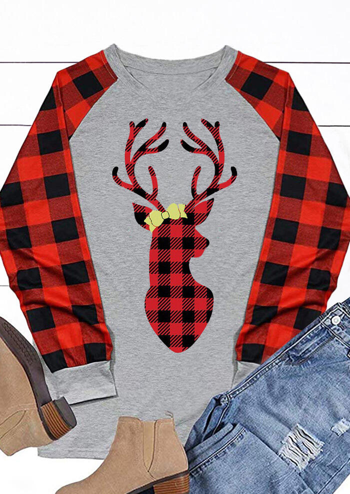 

Christmas Plaid Splicing Reindeer T-Shirt Tee - Gray, 460358