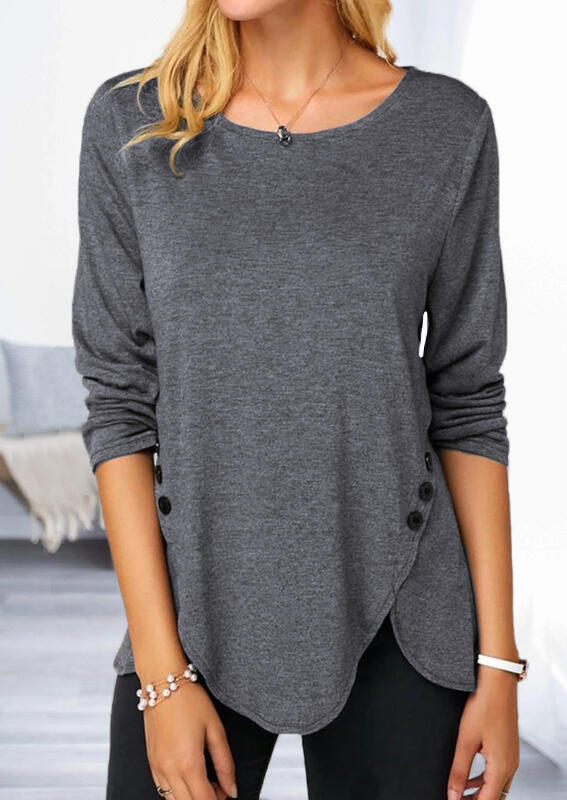 

Button Irregular Long Sleeve Blouse without Necklace - Gray, 460820