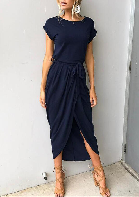 

Asymmetric Slit Maxi Dress with Belt - Navy Blue, 460830