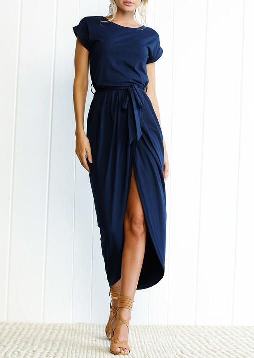 Asymmetric Slit Maxi Dress with Belt - Navy Blue - Fairyseason
