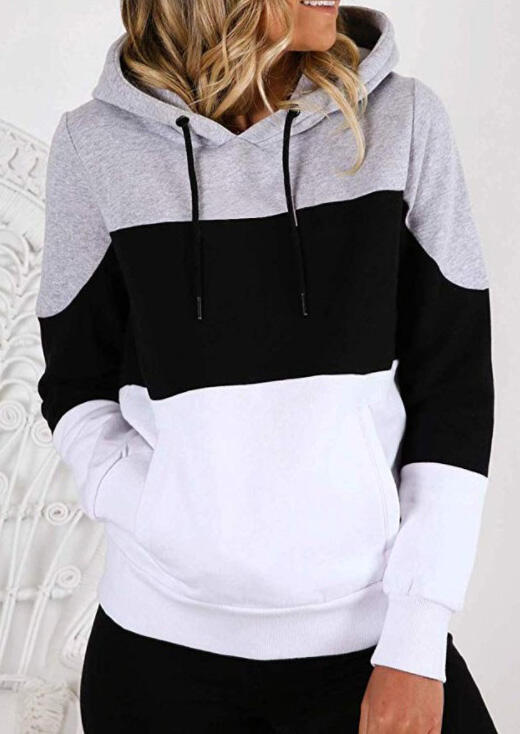 

Gray Black White Color Block Drawstring Kangaroo Pocket Hoodie