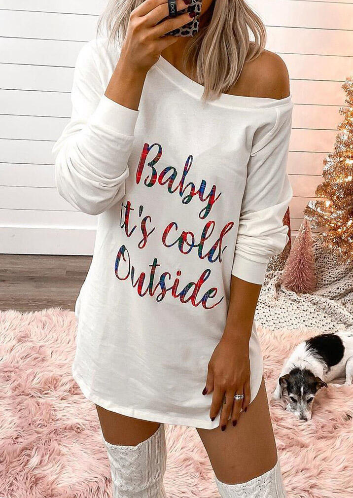 Christmas Baby It's Cold Outside Mini Christmas Dress in White. Size: 2XL,L,S,XL
