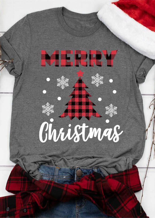 

Plaid Splicing Merry Christmas Snowflake T-Shirt Tee - Gray, 460841