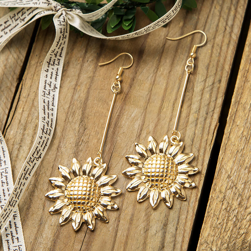 

Solid Long Chain Sunflower Pendant Earrings, Gold;silver, 460898