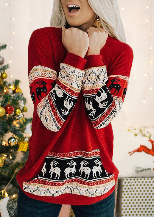 

Sweaters Christmas Reindeer Knitted Kangaroo Pocket Sweater - Red. Size