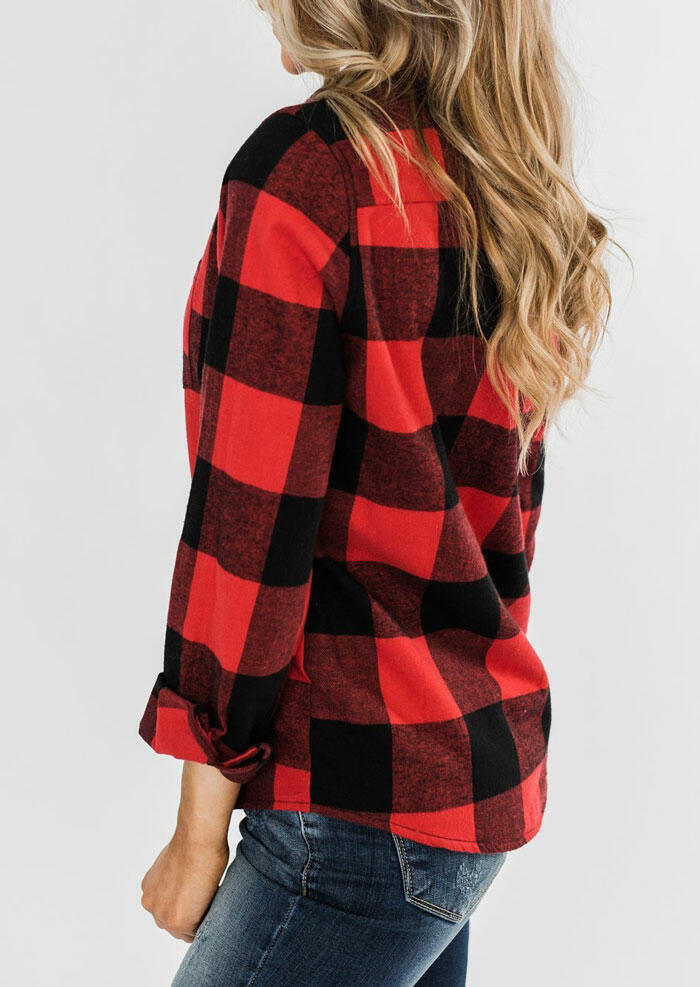 Coats Plaid Pocket Zipper Long Sleeve Coat without Necklace in Red. Size: L,M,XL