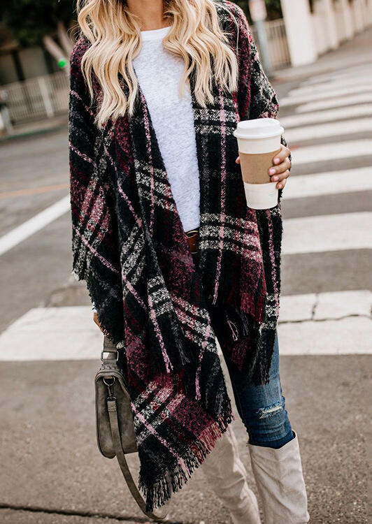 

Plaid Tassel Splicing Knitted Shawl Scarf - Black, 460924