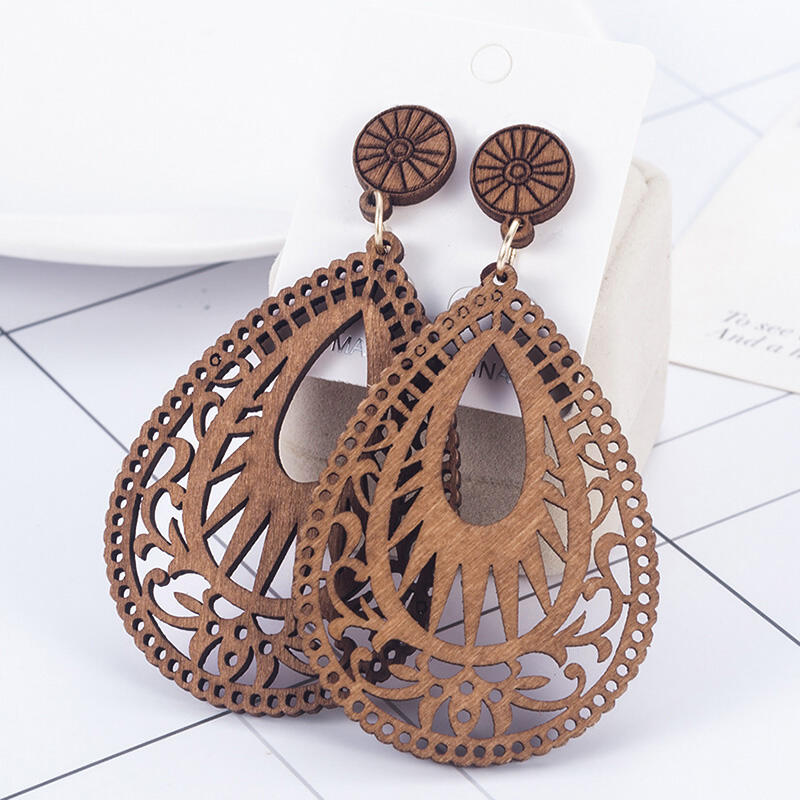 

Vintage Hollow Out Water Drop Shaped Wooden Earrings, Dark brown, 460926