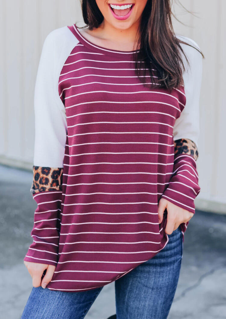 

Purple Striped Leopard Printed Splicing Long Sleeves T-Shirt Tee in Purple. Size